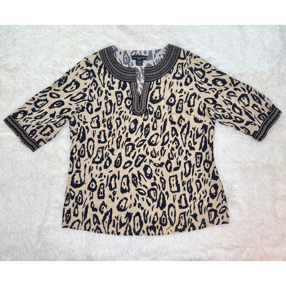 Saint Tropez West Linen Blend‎ Leopard Print Tunic Top Embroidered Neckline 1X